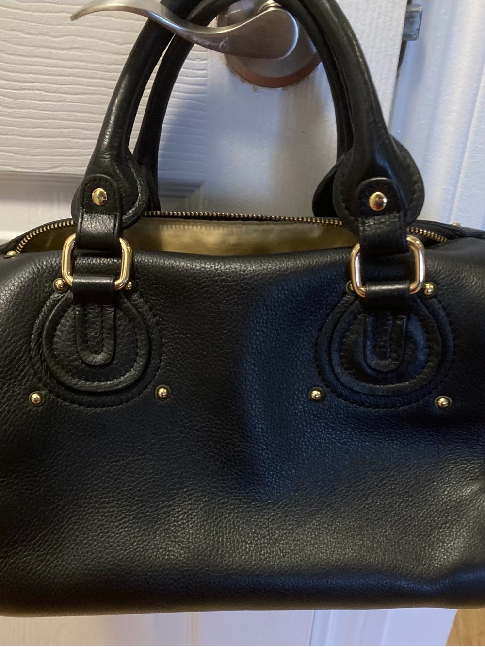 Danier Classic Black Genuine Leather Satchel Handbag with Gold Hardware